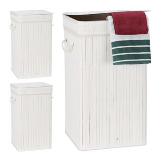 Relaxdays 3 Cestos Ropa Sucia Con Tapa, Cubo Colada, Cuadrado, Canasta, Bamb&uacute;, 70 L, 63 X 36 X 36 Cm, Blanco