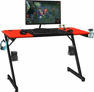 Costway Scrivania da Gaming Tavolo per Computer Ergonomico, con Porta Bicchiere Gancio per Cuffie e Supporti Audio, 120 x 60 x 76 cm, Nero/Rosso