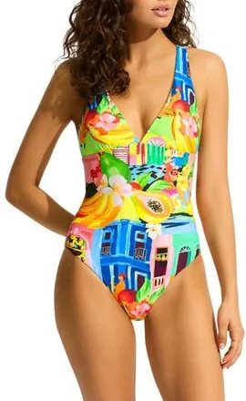 Seafolly Deep V-Neck One-Piece Swimsuit in Turquoise at Nordstrom Rack, Size 12 Us / 16 Au