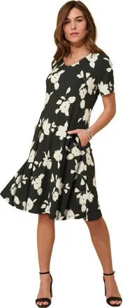Roaman's Plus Size Stretch Knit Pocket Swing Dress in Black Silhouette Floral at Nordstrom, Size 40