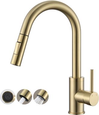 OEM Grifo Mezclador De Cocina Con Ca&ntilde;o Extra&iacute;ble En Acero Inoxidable Dorado Cepillado - Grifo De Cocina Con Ca&ntilde;o Alto Giratorio 360&deg;, Monomando Dorado, In
