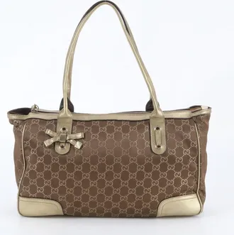 Gucci Brown Gold Leather Canvas Handbag Shoulder Bag Tote Bag (Pre-Owned)
