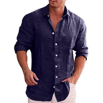 Generic Linen Shirt Mens Long Sleeve Oxford Shirt Casual Plain Smart Non Iron Button Down Shirt with Chest Pocket Relaxed Fit Men Shirts Banded Collar Lightwe