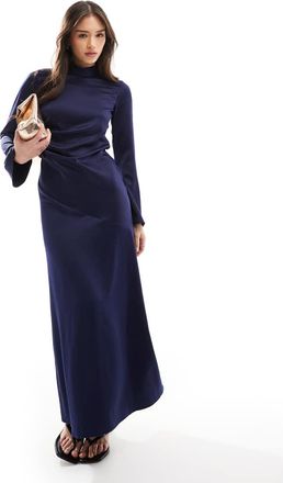 Closet long sleeve satin drape maxi dress in navy-Green