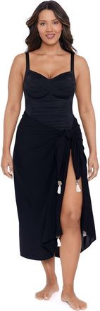 Trimshaper Adjustable Side Tie Tassel Pareo Swimsuit Coverup in Black at Nordstrom