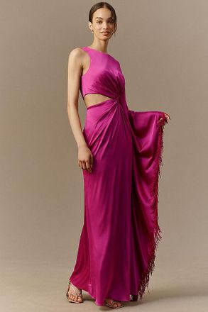 Mac Duggal Purple Charmeuse Fringe Kaftan-Sleeve Gown