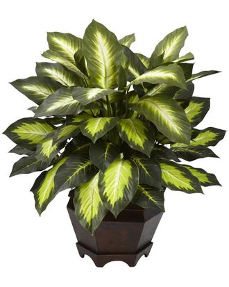 Nearly Natural Triple Golden Dieffenbachia With Wood Vase