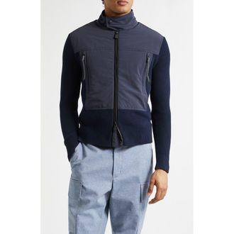 Moncler Hybrid Down Fill Zip-Up Cotton Cardigan in Navy Blue at Nordstrom, Size Xx-Large