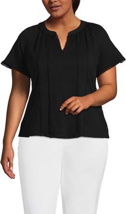 Lands End Plus Size Slub Short Sleeve Notch Neck Top in Black at Nordstrom, Size 2X