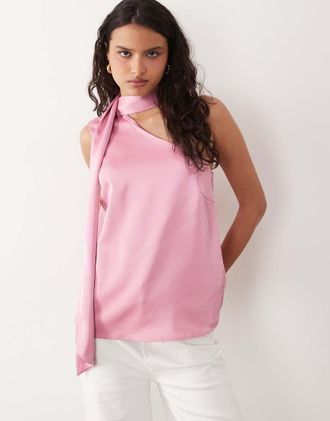 Vero Moda Top monospalla in raso rosa con dettaglio foulard