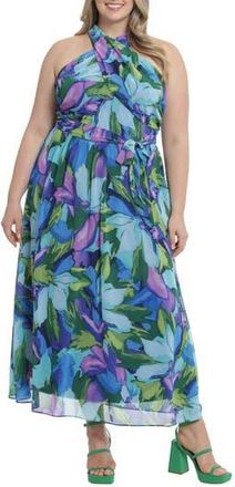 London Times Halter Neck Maxi Dress in Aqua/Royal at Nordstrom Rack, Size 18W