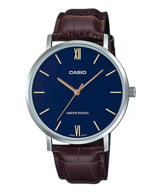 Casio Mens Brown Leather Watch with Blue Dial - MTP-VT01L-2BUDF