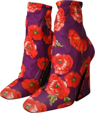 Dolce & Gabbana Womens Purple Floral Jersey Stretch Boots Shoes Fabric