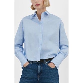 Mango Rhinestone Detail Stripe Cotton Blend Button-Up Shirt in Sky Blue at Nordstrom, Size 10