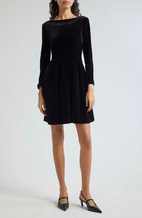 Emporio Armani Cinched Waist Long Sleeve Velvet Dress in Solid Black at Nordstrom, Size 12 Us