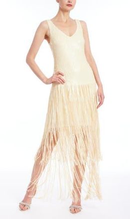 Badgley Mischka Mixed Media Fringe Skirt Cocktail Dress in Buttercream at Nordstrom Rack, Size 14
