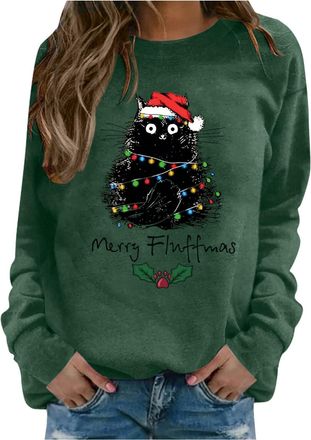 Generic Christmas Jumpers for Women Christmas Cat Sweatshirts Black Cat Xmas Lights Shirt Crewneck Holiday Pullover Sweater Long Sleeve Pullover Blouse Crew N
