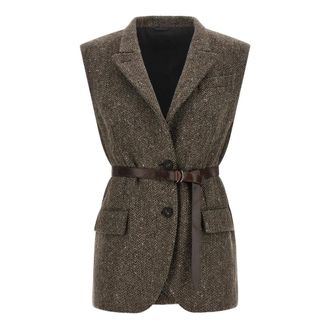 Brunello Cucinelli Herringbone Belted Vest - female - Brunello Cucinelli - Waistcoats - Brown - XS - Jackets