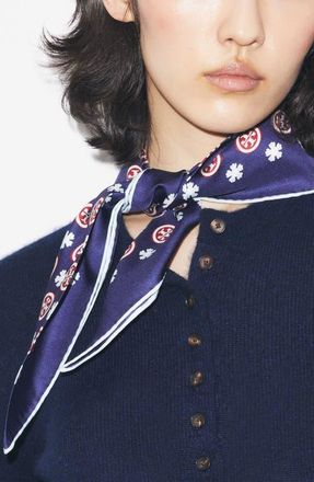 Tory Burch Silk Triangle Scarf in Navy Floral Monogram at Nordstrom