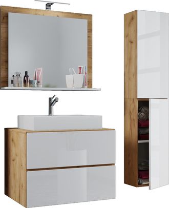 ebuy24 Ebuy24 - Vcm 4 Piezas Lavabo Lavabo Gabinete Inferior Ancho 80 Cm Muebles De Ba&ntilde;o Conjunto Con Cajones Puertas Giratorias Espejo Lendas L (roble Miel 