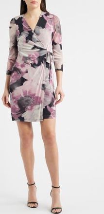 Anne Klein Floral Print Wrap Minidress in Anne Black Multi at Nordstrom Rack, Size X-Large P
