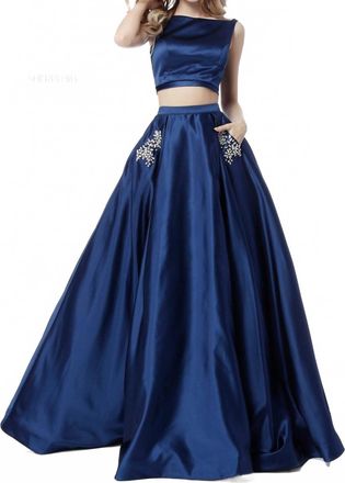 Sherri Hill Two Piece Prom Gown With Pockets In Blue