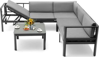 Costway Muebles Terraza Exterior, Conjunto De Sof&aacute;s De Patio De Aluminio De 3 Piezas, Respaldo Reclinable De 6 Niveles, Mesa De Vidrio Templado, Cojines De As