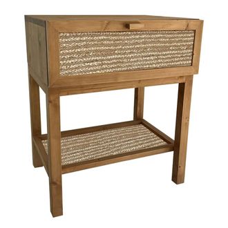 NATYAL Mesita de noche de madera en tono roble con balda y caj&oacute;n de yute