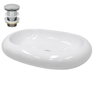 ECD Germany Lavabo blaco redondo de cer&aacute;mica con desag&uuml;e plateado
