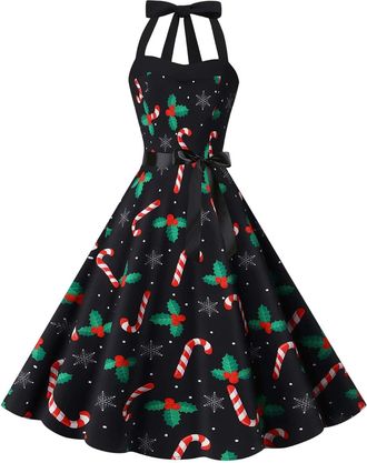 Generic Womens Christmas Dress Christmas Themed Print Classic Xmas Dress High Waist Straps Sleeveless Winter Dresses Elegant Party Festive Clothing Breathable