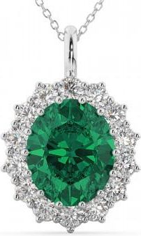 Allurez Oval Emerald & Diamond Halo Pendant Necklace 14k White Gold (6.40ct)