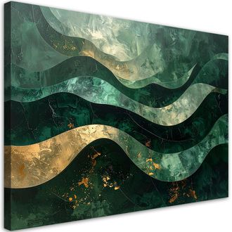 Feeby Cuadro Sobre Lienzo, Olas Abstractas Verde Y Dorado, 120x80