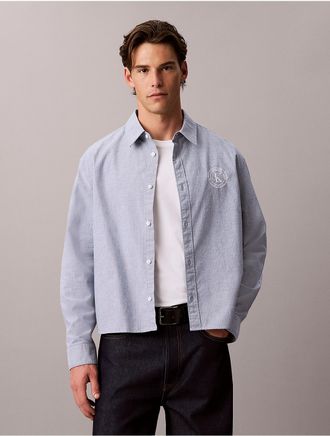 Calvin Klein Jeans Calvin Klein Mens Yarn-Dyed Stripe Oxford Relaxed Shirt - Blue - XL