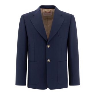 Valentino Blazers, male, Blue, XL, Single-Breasted Wool Gabardine Jacket