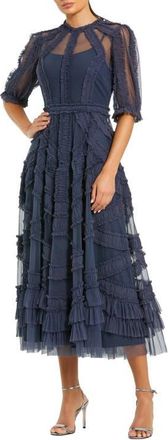 Mac Duggal Petite Illusion High Neck Tiered Ruffle A-Line Midi Dress in Midnight at Nordstrom, Size 10P