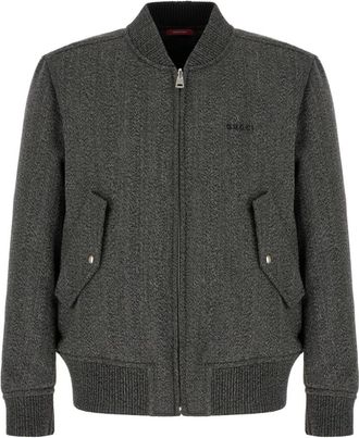 Gucci Jassen, Heren, Grijs, M, Wol, Herringbone Wool Moulin&eacute; Bomber Jacket