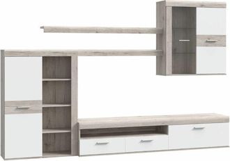 Home Heavenly Home Heavenly - Mueble Sal&oacute;n 300x200 Cm Paulo. Set De Sal&oacute;n Con Mueble Tv + Estanter&iacute;a + Vitrina + 2 Estantes Pared. Color: Roble Arena - Blanco