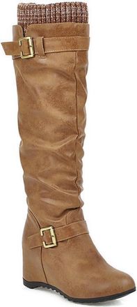 Generic Womens Knee-High Wedge Boots, Elegant Casual PU Slip-On Shoes with Pleated Look And Knitted Cuff Long Shaft Boots Comfortable Large Size Round Toe Rid