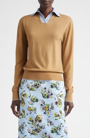Emilia Wickstead James Contrast Wool Polo Sweater in Camel/baby Blue at Nordstrom, Size X-Large