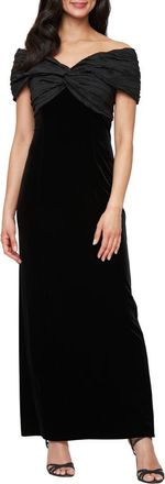 Alex Evenings Off the Shoulder Taffeta & Velvet Sheath Gown in Black at Nordstrom, Size 12