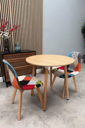 Life Interiors Patchwork Halo Dining Set for 2 - a Round Dining Table & Set of 2 Fabric Dining Chairs in Light Brown