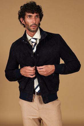 D'Arienzo Giacca bomber in pelle camoscio blu con bottoni e tasconi DArienzo, Seleziona Taglia 48, Colore Blu