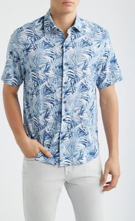 Robert Barakett Keneth Leaf Print Short Sleeve Stretch Cotton Button-Up Shirt in Washed Blue at Nordstrom, Size Xx-Large