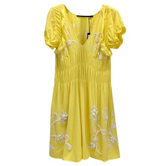 Gaetano Navarra Hand Embroidered Canary Yellow Beaded Dress Size S