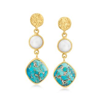 Ross-Simons Turquoise and 7mm Cultured Pearl Drop Earrings in 18kt Gold Over Sterling