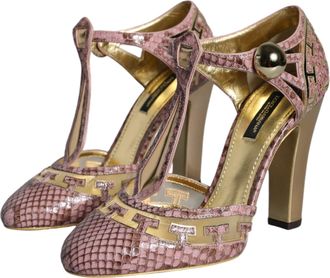 Dolce & Gabbana Womens Pink Gold Leather Pumps T-Strap Sandals Shoes And