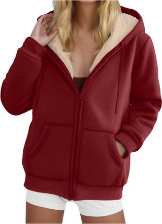 Generic Womens Teddy Fleece Hoodies Warm Sherpa Lined Fuzzy Sweatshirts with Pockets Oversized Full Zip Hooded Jacket Ladies Winter Warm Jumper Coat Outwear T