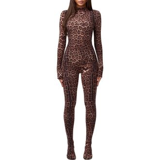 Naked Wardrobe Animal Print Closed Toe Jumpsuit in Brown Leopard at Nordstrom, Size Large