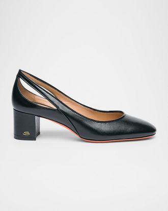 Santoni Cut-Out Mixed Leather Block Heel Pumps