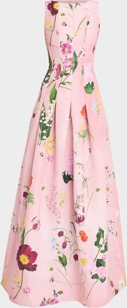 Oscar De La Renta Mixed Botanical Print Cotton Pleated Sleeveless Gown